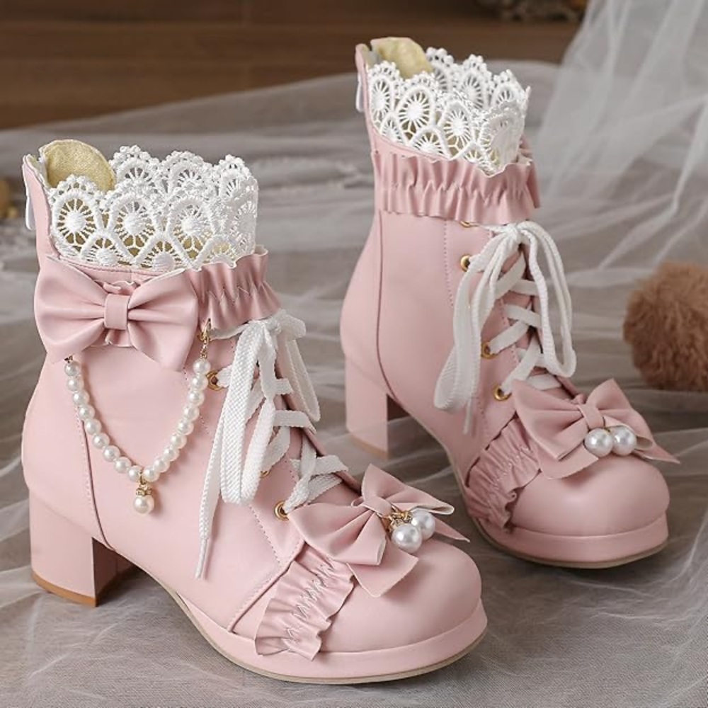 Chic Lace-Up Pink Ankle Boots with Bow